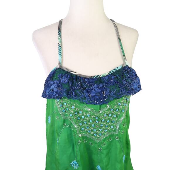 Vintage Y2K Free People Green Silk Turquoise Beaded Tank Top 2 - Picture 2 of 10